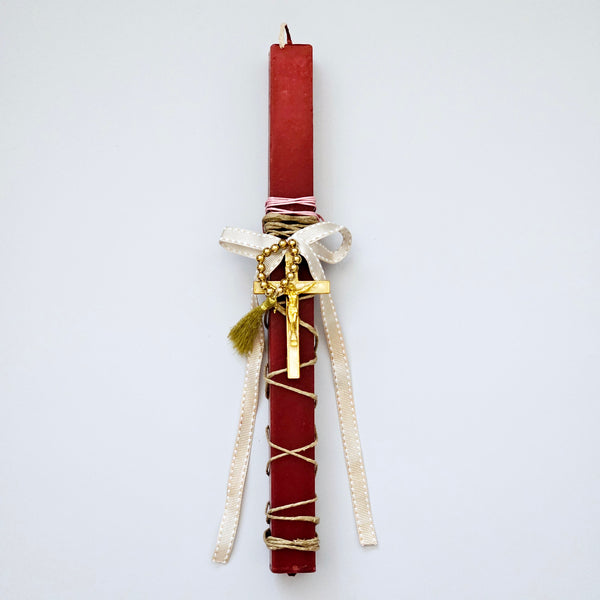 Easter Candle with Gold Cross and Prayer Beads